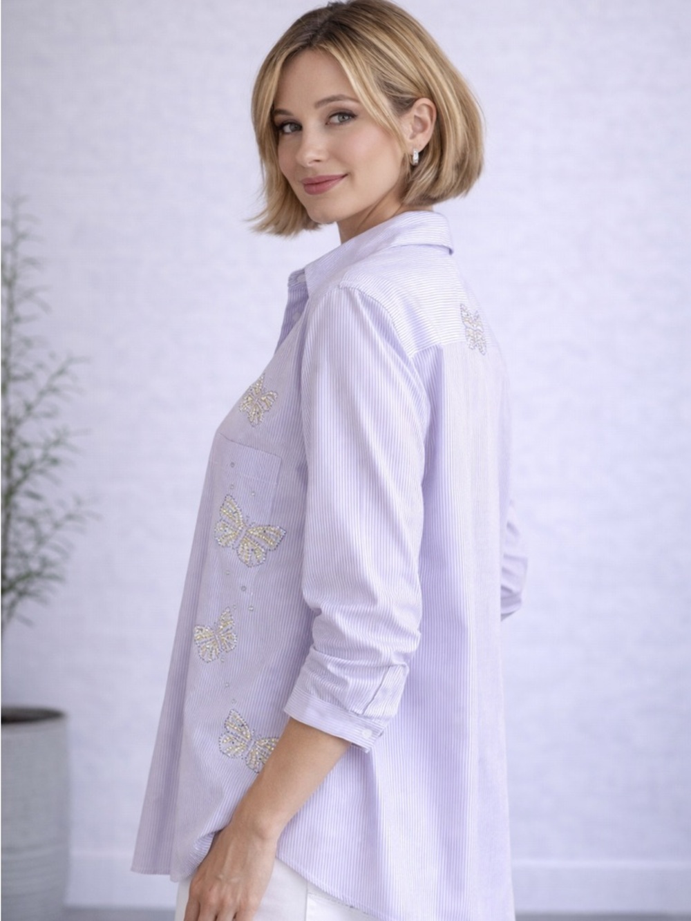 Tia Designs Lavender Stripe Button-Down Shirt with Rhinestone Butterfly Accents